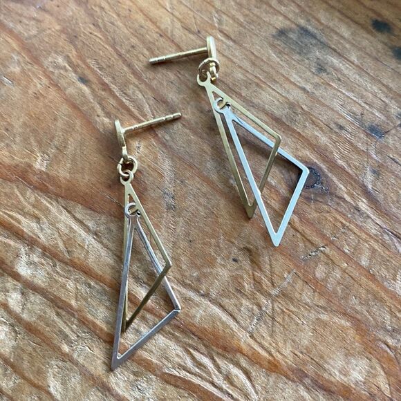 💛 9k Yellow & White Gold Geometric Triangle Dangle Earrings - Picture 3 of 7